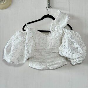 Self-Portrait White Lace Puff Sleeve Crop Top with Asymmetrical Design